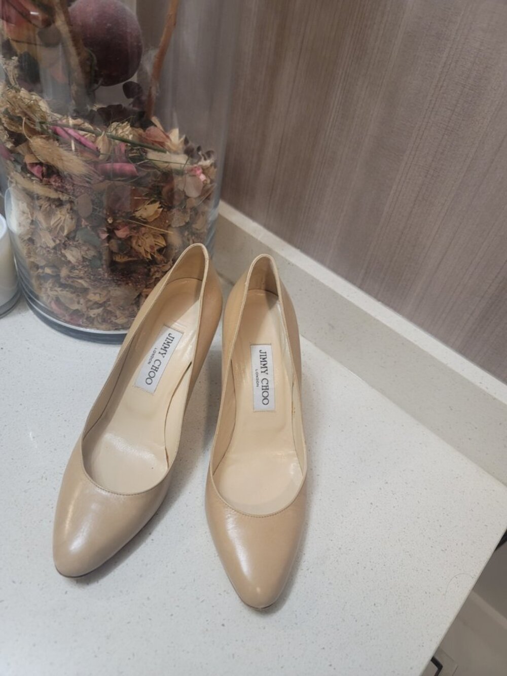 Jimmy Choo Nude Beige Patent Leather Low Heel Round Toe Pump EUR 38